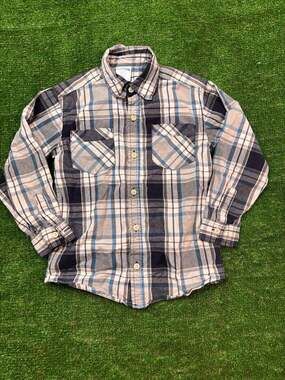 Toughskins Plaid Button Down Shirt Size M 5/6 Blue Beige Long Sleeve
